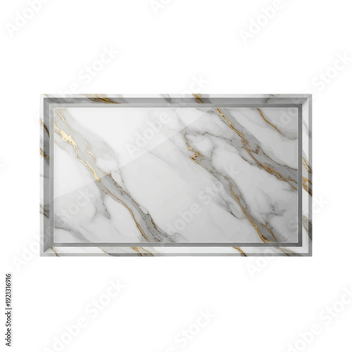 Rectangular white marble tray with gold veins and metallic frame for luxury home decor and product display, isolated on white background