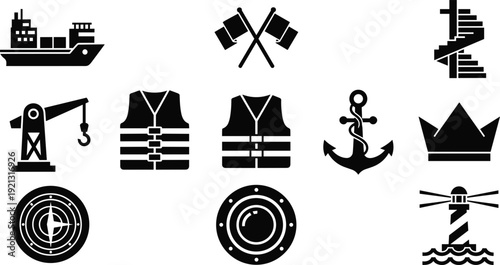 Marine navigation and nautical equipment vector icon set with ship anchor lighthouse compass symbols collection
