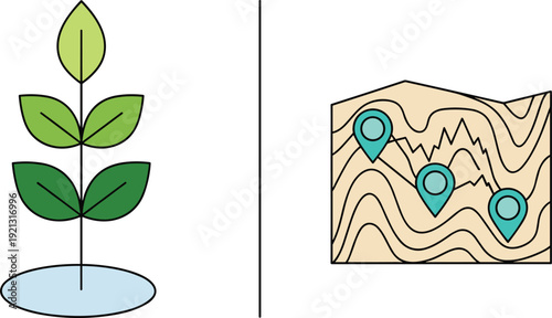 Plant growth and topographic map vector illustration with location pins nature navigation concept design