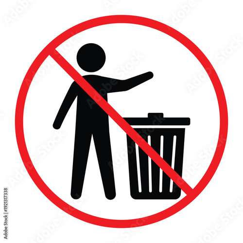 No littering prohibition sign showing a person throwing trash into a bin crossed by a red circle and diagonal line. Simple black pictogram on light background, ideal for public notice, hygiene and saf