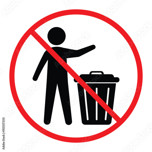 No littering prohibition sign showing a person throwing trash into a bin crossed by a red circle and diagonal line. Simple black pictogram on light background, ideal for public notice, hygiene and saf