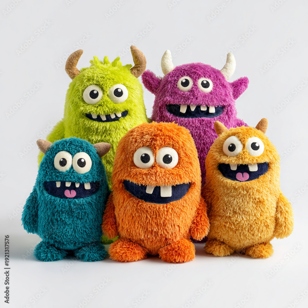 Fototapeta premium Three adorable, fuzzy monster plush toys in cream, green, and purple stand together on a white background, featuring wide toothy grins and large expressive eyes in a clean studio shot.