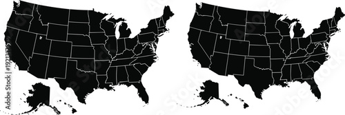 United States map silhouette vector illustration with state boundaries USA geographic outline design set