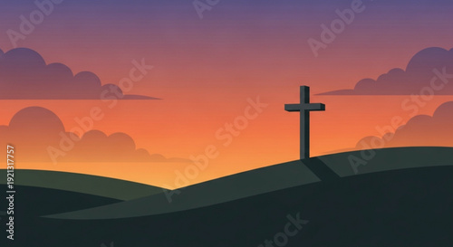 Silhouette of a cross on a hill at sunset with vibrant orange and purple sky