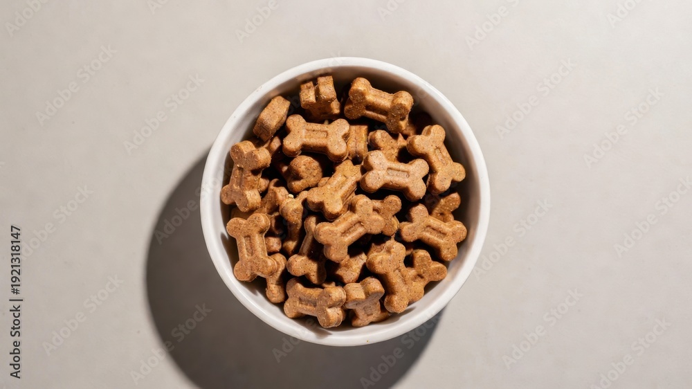Obraz premium Bowl of bone-shaped dog biscuits on neutral background.