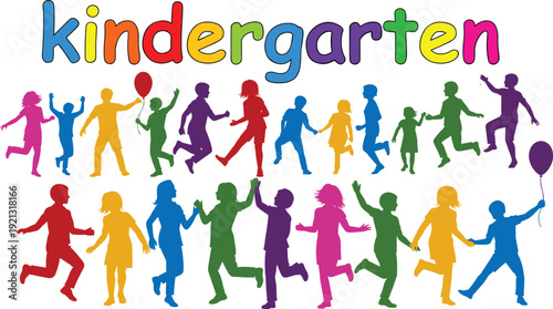 Colorful kindergarten children silhouettes with balloons kids