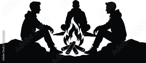 Three people sitting around a campfire silhouettes rocks