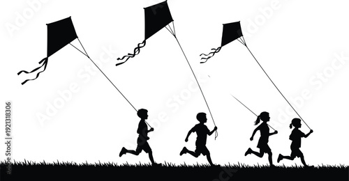 Children running with kites in silhouette on grass kids silhouettes