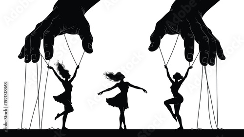 Silhouette of three women dancing controlled by giant hands puppets