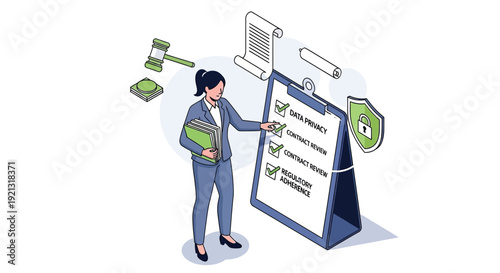 Businesswoman checking legal compliance checklist for corporate governance.