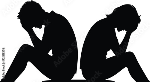 Black silhouettes of two people sitting with heads in hands white background