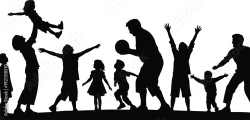 Black silhouettes of people playing and interacting children adults