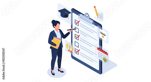 Businesswoman completing an online survey or checklist on a giant clipboard.