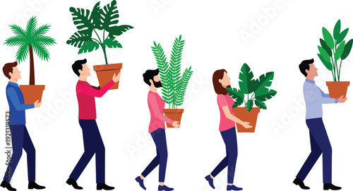 People carrying potted plants in various colorful outfits walking