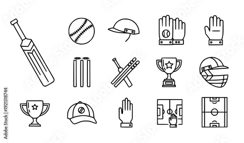 Cricket Outline Icon Set Bat Ball Helmet Wicket Trophy Line Vector Collection Transparent