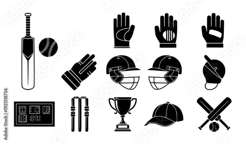 Cricket Equipment Icon Set Bat Ball Helmet Wicket Trophy Vector Collection Transparent Background