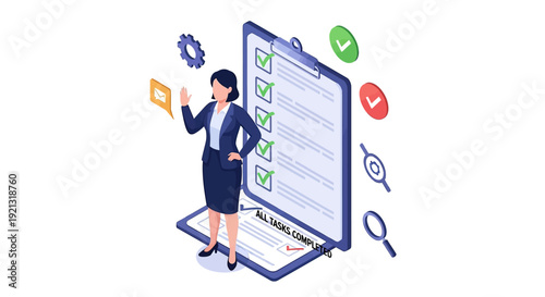 Businesswoman with Checklist and Magnifying Glass Isometric Illustration.