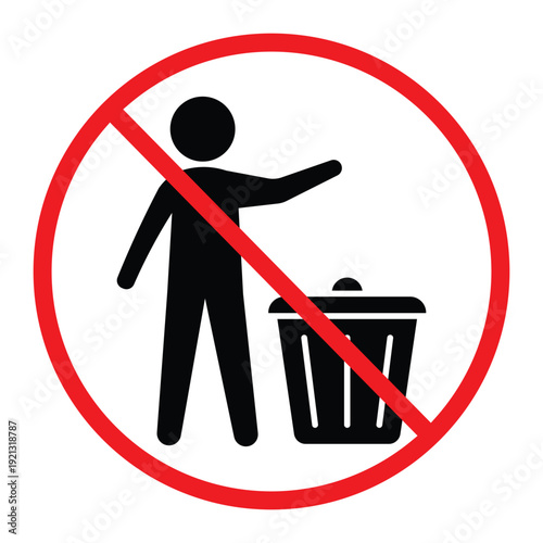 No littering prohibition sign showing a person throwing trash into a bin crossed by a red circle and diagonal line. Simple black pictogram on light background, ideal for public notice, hygiene and saf