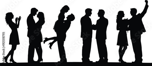 Black silhouettes of couples dancing and socializing