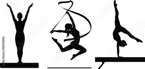 Black silhouettes of three female gymnasts performing different routines on balance beam and floor