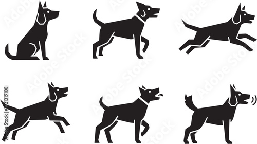 Silhouettes of a dog in various poses and actions, showcasing movement and canine behavior