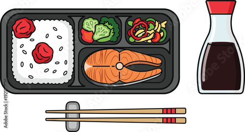 Bento box set with salmon steak, white rice, umeboshi, vegetable salad, soy sauce and chopsticks on white background.