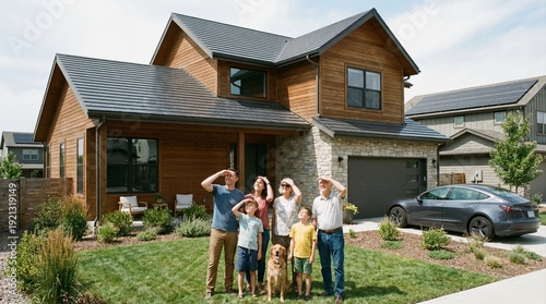 Happy family standing outside modern suburban brick house with garden and car