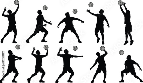 Volleyball player silhouettes in various positions black white