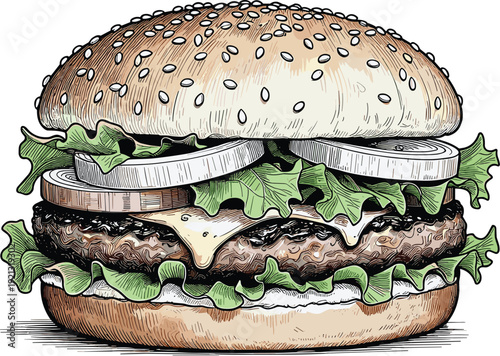 Hamburger with sesame seed bun lettuce onion cheese beef patty
