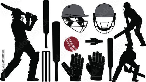 Cricket equipment silhouettes with players and ball cricket bat cricket ball cricket helmet