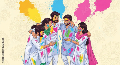 Diverse group of friends celebrating holi with colorful powder smiling and embracing each other in traditional indian attire on a beige background with vibrant colored splashes