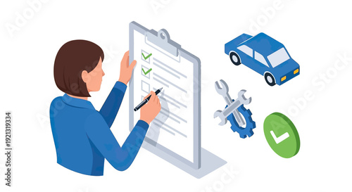 Woman checking car maintenance checklist for vehicle service and repair.