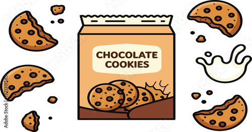 Chocolate Cookies Package with Milk Splash Flat Vector Illustration Isolated on White Background