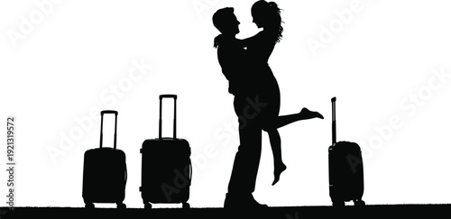 Silhouette of romantic couple embracing with luggage black white background