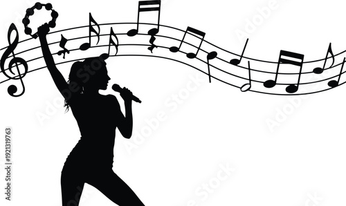 Black silhouette of woman singing into microphone with musical notes