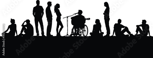 Black silhouettes of people listening to a musician in a wheelchair playing guitar and singing into a microphone
