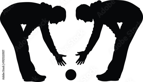 Black silhouette of two men leaning forward reaching for a ball on the ground isolated on white background for sports competition and teamwork concept.