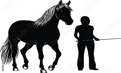 Black silhouette of a female trainer standing with a majestic horse isolated on white background for equestrian sports horse riding and ranch concept.