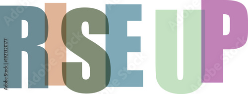 Translucent pastel colored block letters spelling RISEUP with subtle Colorful text effect