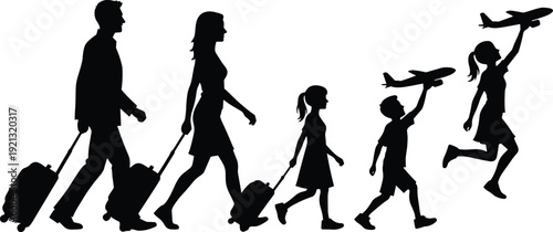Black silhouettes of family with luggage walking in same direction white background
