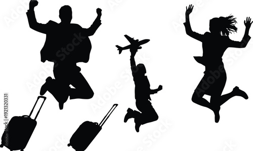 Black silhouettes of people jumping with luggage and airplane travel