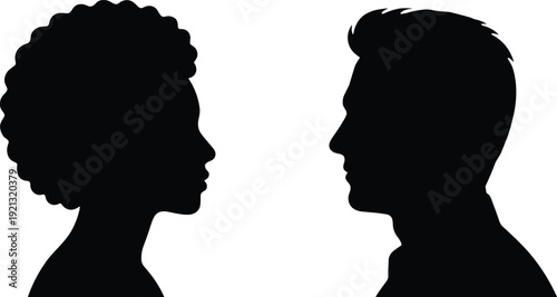 Black silhouettes of a man and woman facing each other white background