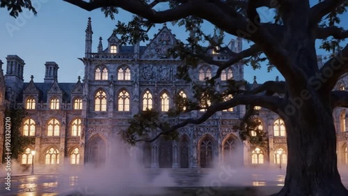 Twilight View of Historic University Courtyard with Glowing Windows in Cinematic 4K