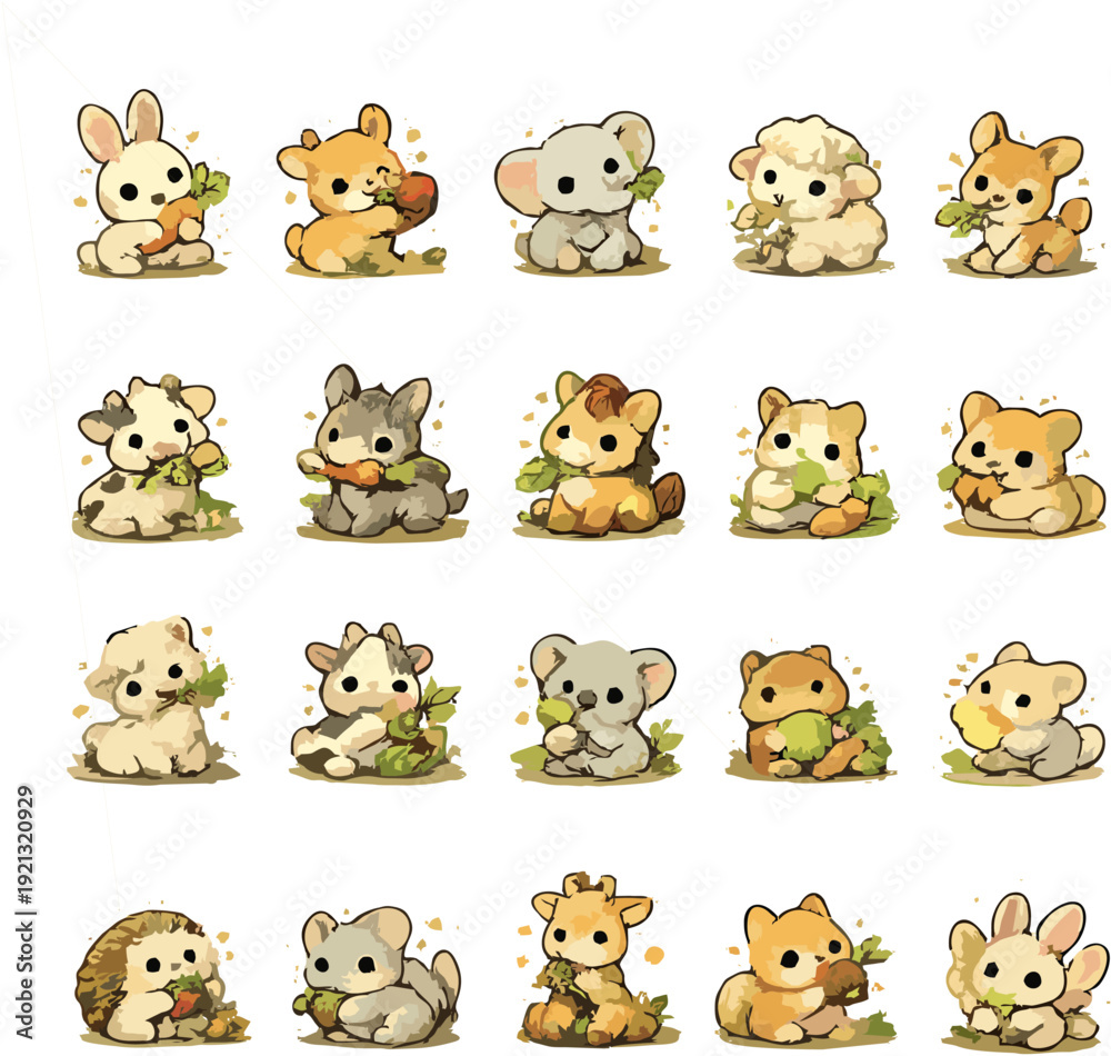 Fototapeta premium Collection of cartoon animals eating vegetables in various poses and settings, vector illustrations
