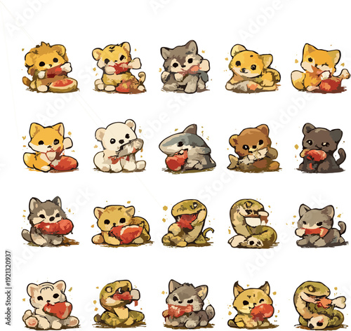 Collection of cartoon animals holding hearts in various poses and colors displayed together
