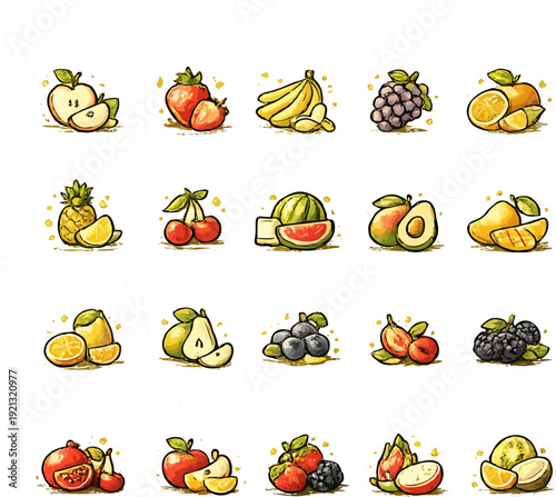 Assorted fruit illustrations arranged in a grid pattern showcasing various textures and colors from a direct overhead viewpoint
