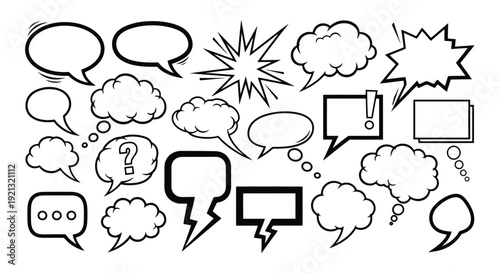 Collection of diverse comic book speech bubbles and thought clouds.