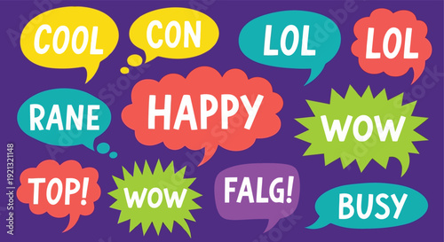 Collection of Speech Bubbles with Various Words and Expressions.