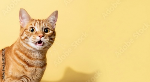 Cute Orange Tabby Cat with Funny Expression on Yellow Background