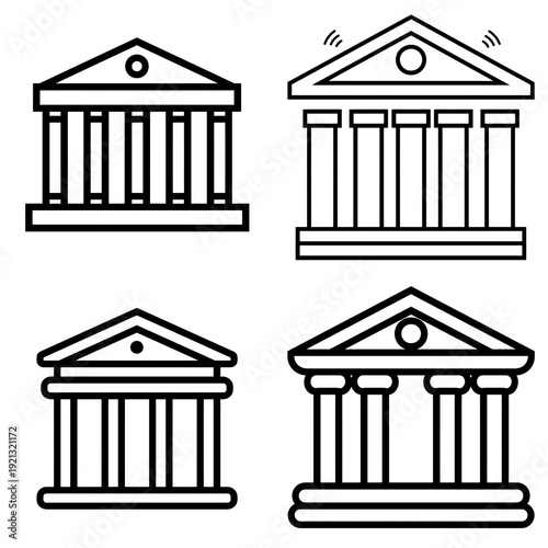 Collection of simple, elegant line art icons representing classical buildings and institutions
